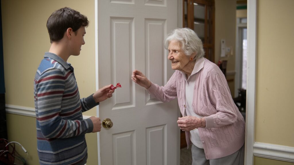 An elderly woman with a warm smile, standing on her porch and hugging a young boy.