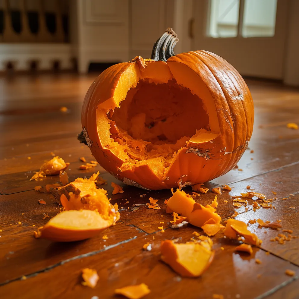 In her anger, she smashed the pumpkin Kevin had so carefully crafted